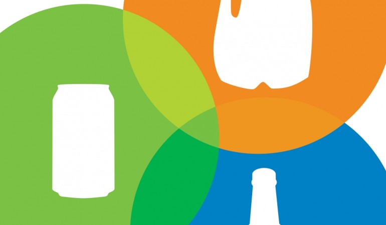Illustration of a can and bottle inside overlapping green, orange and blue circles